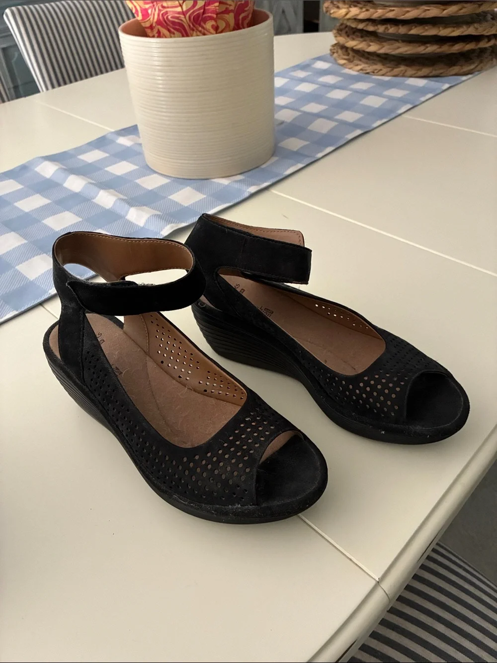 Clarks Black Perforated Suede Peep-Toe Wedge Sandals with Ankle Strap